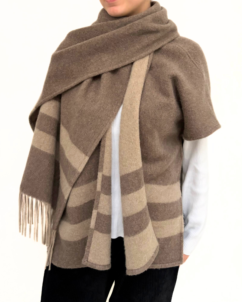 CASHMERE DOUBLE FACE  PONCHO WITH SCARF: CHOCOLATE: BEIGE