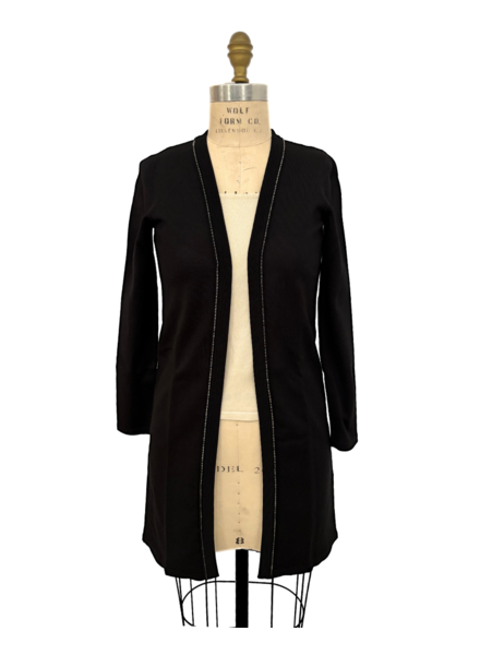 LONG SILK KNIT CARDIGAN W/ BEADED TRIM : BLACK