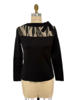 CREW SWEATER WITH HAND EMBROIDERED FRENCH LACE AND NECK TIES : BLACK