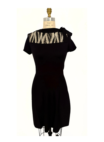 DRESS WITH HAND EMBROIDERED FRENCH LACE AND NECK TIES : BLACK