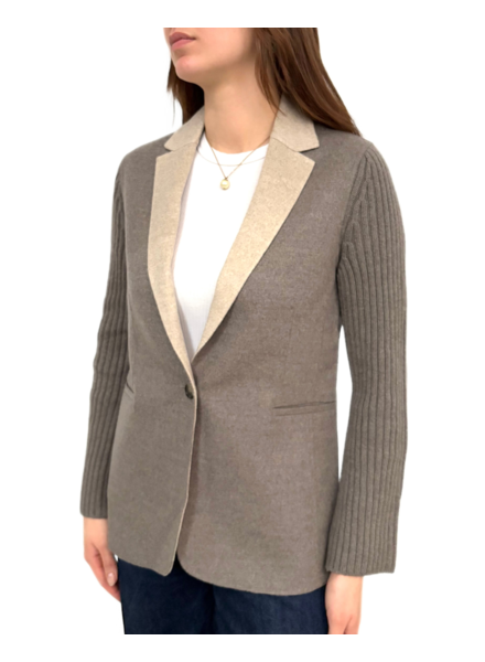 DF CASHMERE W/ KNIT ARMS 1-BUTTON BLAZER: BROWN-BEIGE: