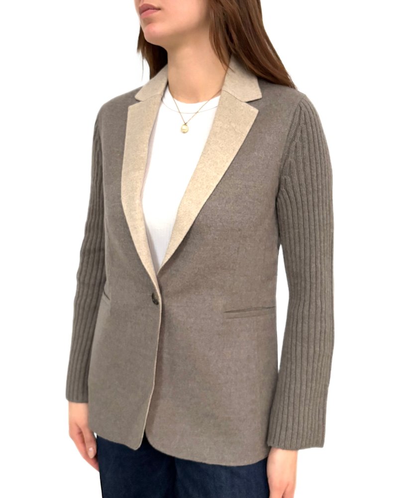 DF CASHMERE W/ KNIT ARMS 1-BUTTON BLAZER: BROWN-BEIGE