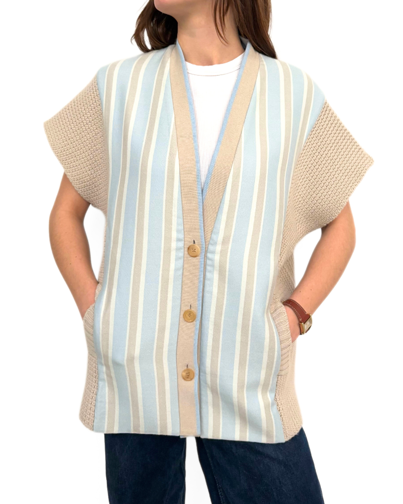 DOUBLE FACE JACKET WITH BUTTONS W/ KNIT DETAILS:STRIPE BLUE