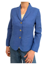 WOOL/SILK/LINEN 3 BUTTON BLAZER W/ STRIPE FABRIC DETAIL: INK