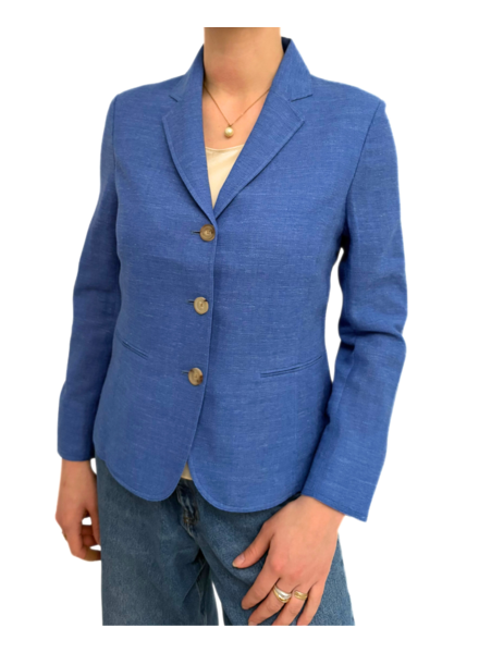 WOOL/SILK/LINEN 3 BUTTON BLAZER W/ STRIPE FABRIC DETAIL: INK