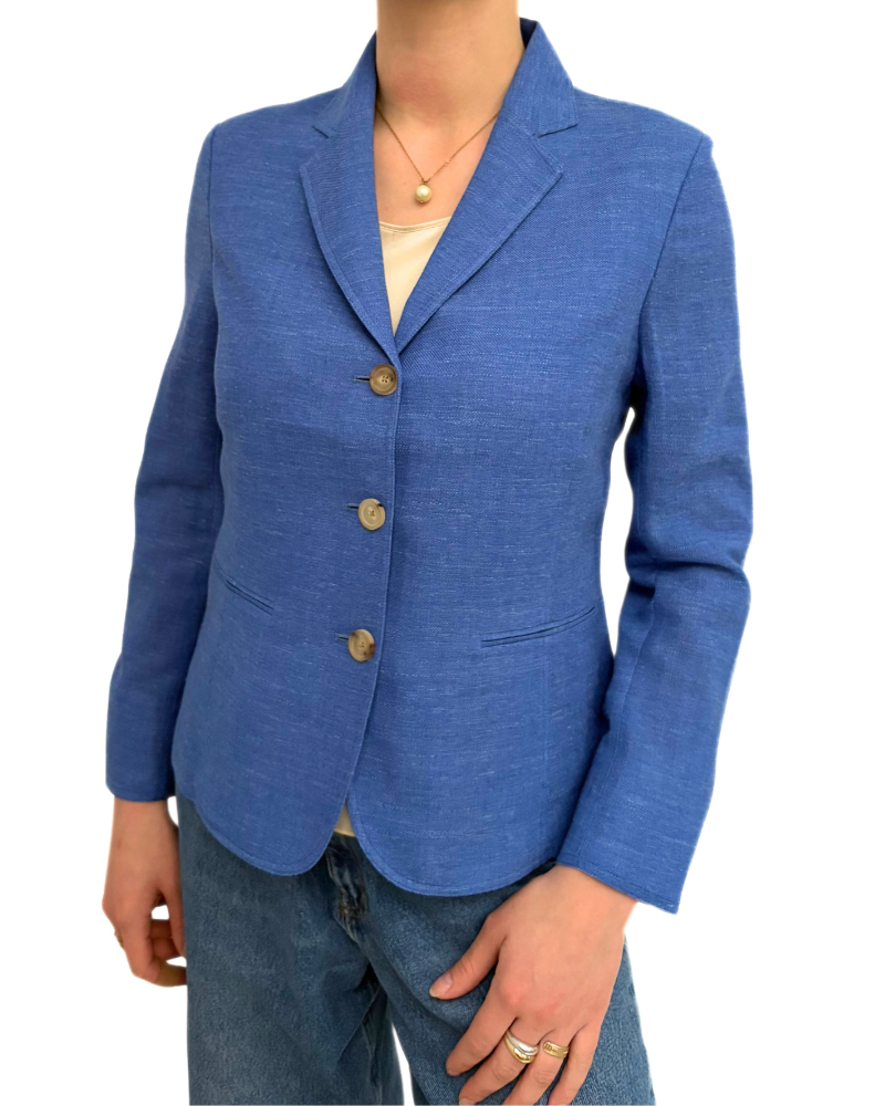 WOOL/SILK/LINEN 3 BUTTON BLAZER W/ STRIPE FABRIC DETAIL: INK