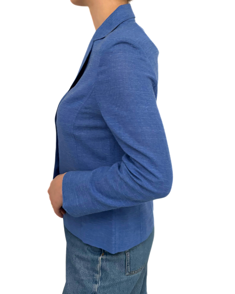 WOOL/SILK/LINEN 3 BUTTON BLAZER W/ STRIPE FABRIC DETAIL: INK