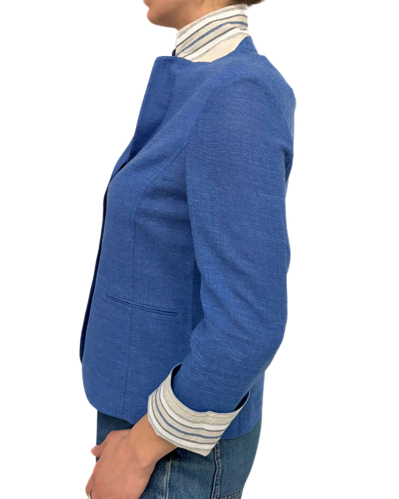 WOOL/SILK/LINEN 3 BUTTON BLAZER W/ STRIPE FABRIC DETAIL: INK