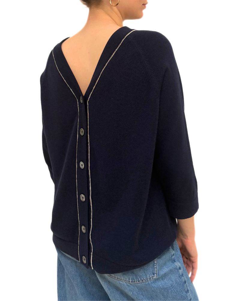 BUTTON BACK CASHMERE SWEATER: NAVY