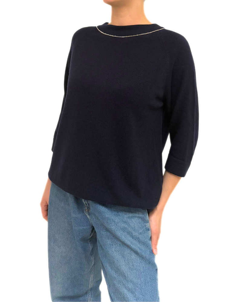 BUTTON BACK CASHMERE SWEATER: NAVY