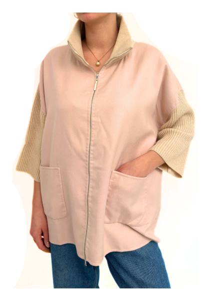 DOUBLE FACE AND KNIT ZIP JACKET : PINK- IVORY