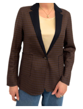 DOUBLE FACE STRETCH WOOL 1-BUTTON BLAZER: PLAID BROWN-SOLID NAVY