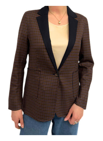 DOUBLE FACE STRETCH WOOL 1-BUTTON BLAZER: PLAID BROWN-SOLID NAVY