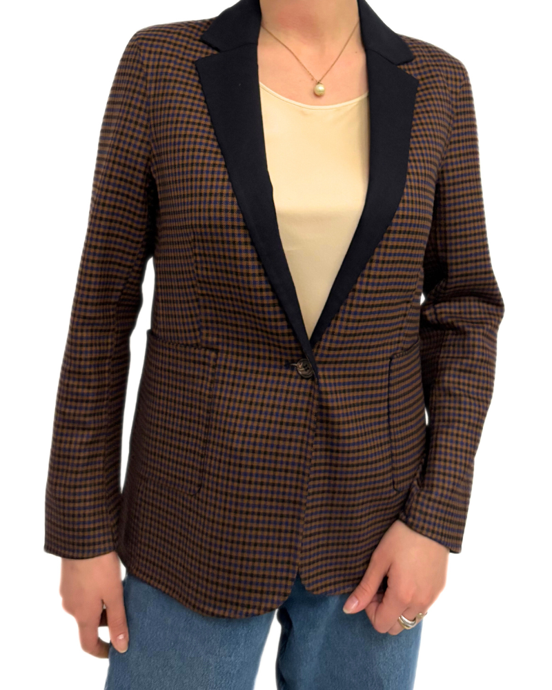 DOUBLE FACE STRETCH WOOL 1-BUTTON BLAZER: PLAID BROWN-SOLID NAVY