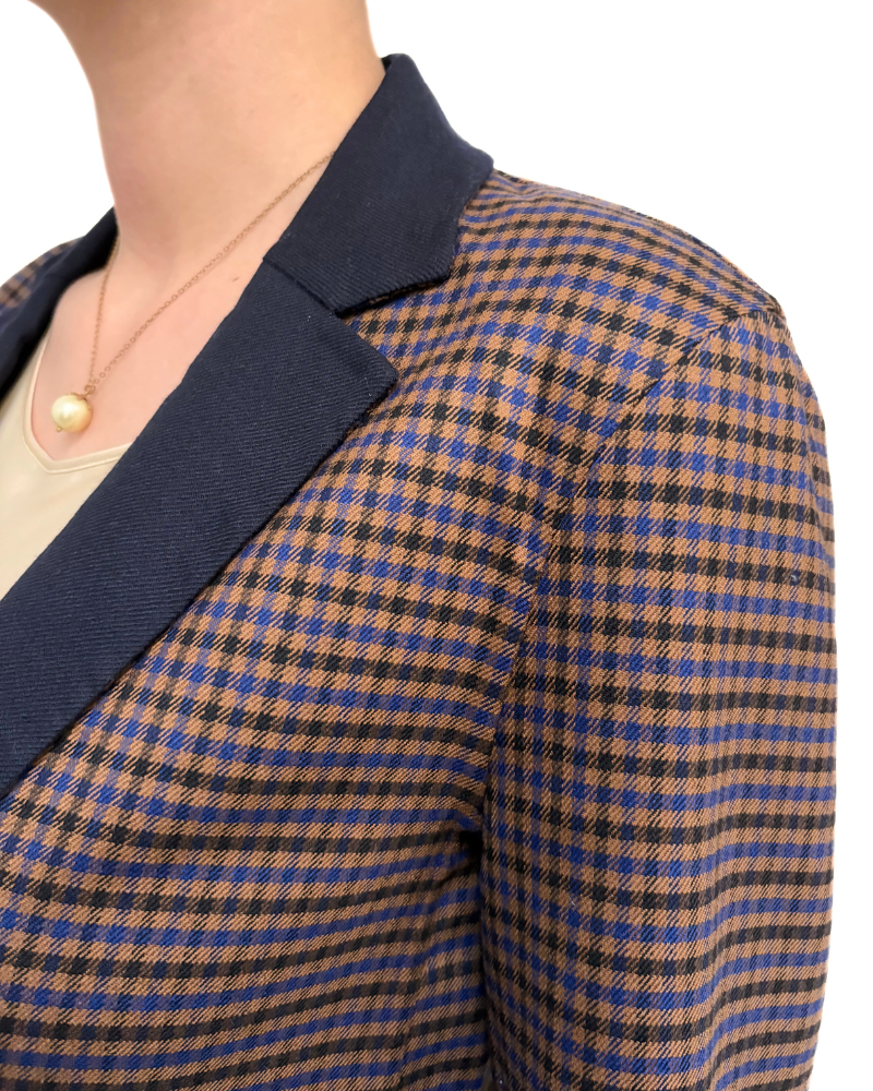 DOUBLE FACE STRETCH WOOL 1-BUTTON BLAZER: PLAID BROWN-SOLID NAVY