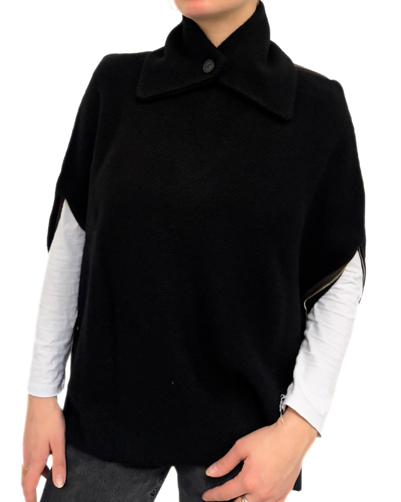 CASHMERE ZIP CAPE WITH SEPARATE COLLAR, BLACK