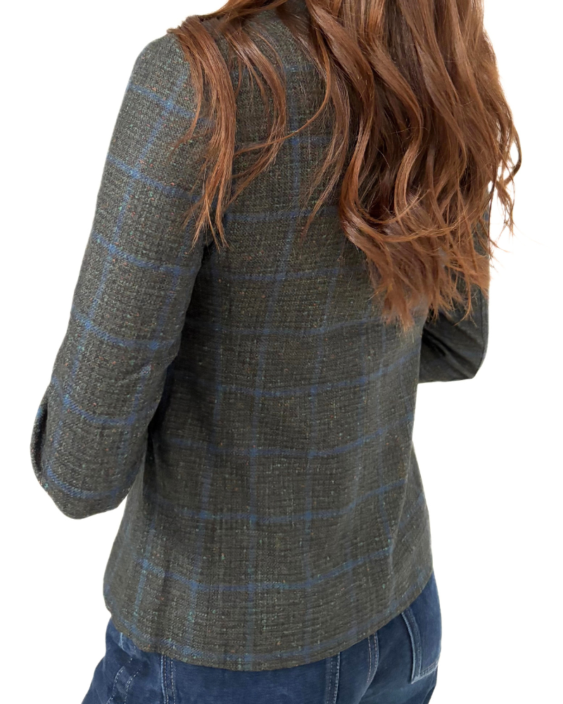WOOL-CASHMERE-SILK 3 BUTTON BLAZER W/ LEATHER DETAILS: GREEN-NAVY