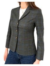 WOOL-CASHMERE-SILK 3 BUTTON BLAZER W/ LEATHER DETAILS: GREEN-NAVY