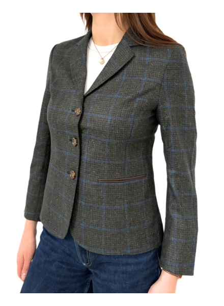 WOOL-CASHMERE-SILK 3 BUTTON BLAZER W/ LEATHER DETAILS: GREEN-NAVY