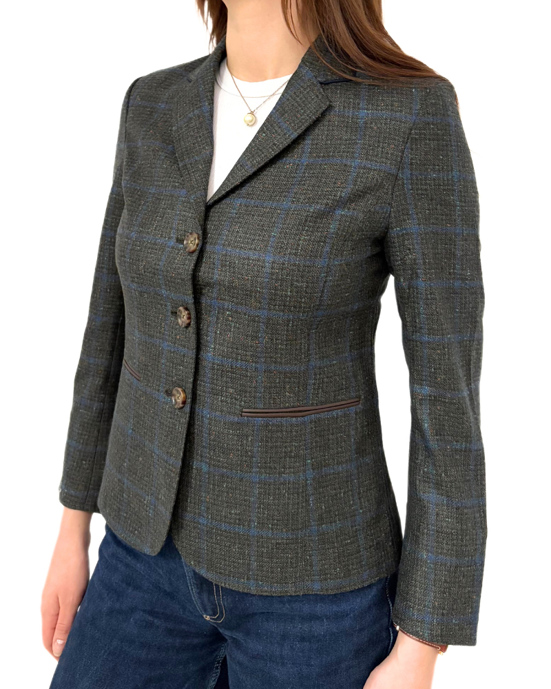 WOOL-CASHMERE-SILK 3 BUTTON BLAZER W/ LEATHER DETAILS: GREEN-NAVY