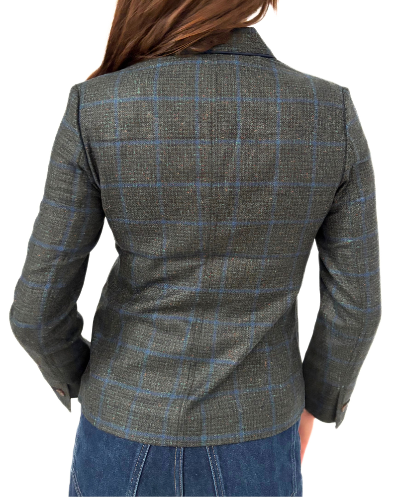 WOOL-CASHMERE-SILK 3 BUTTON BLAZER W/ LEATHER DETAILS: GREEN-NAVY