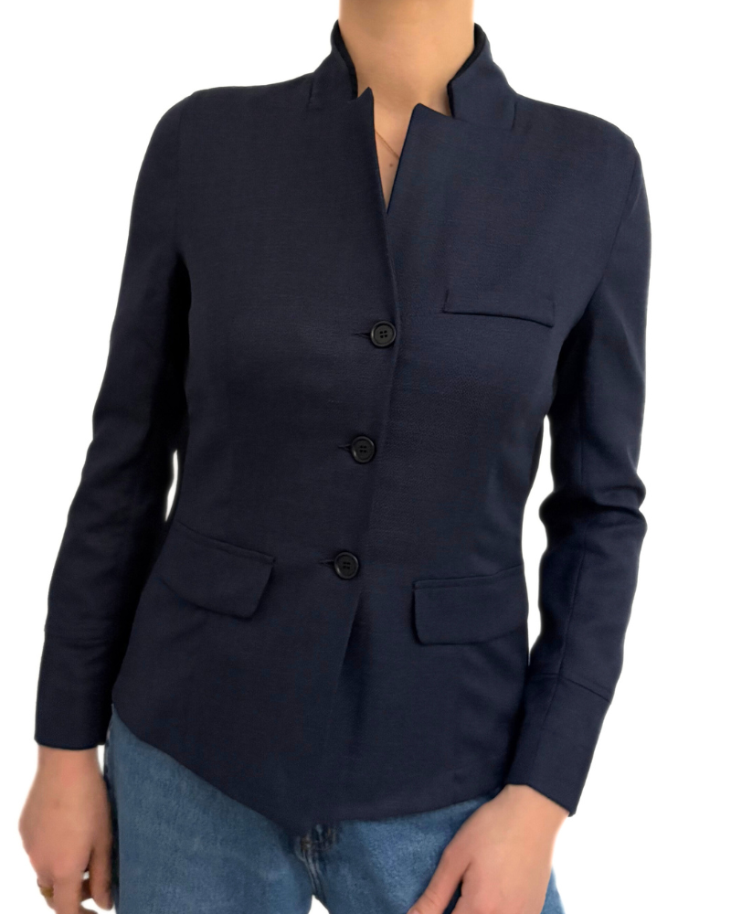 SILK LINEN WOOL JACKET W/ KNIT COLLAR & SIDE PANEL