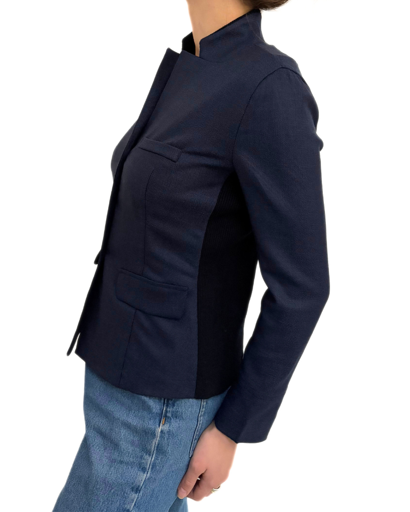 SILK LINEN WOOL JACKET W/ KNIT COLLAR & SIDE PANEL