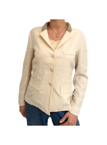 SILK LINEN WOOL JACKET W/ KNIT COLLAR & SIDE PANEL: IVORY