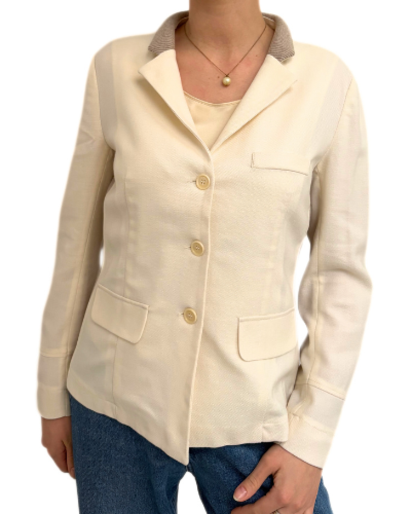 SILK LINEN WOOL JACKET W/ KNIT COLLAR & SIDE PANEL: IVORY