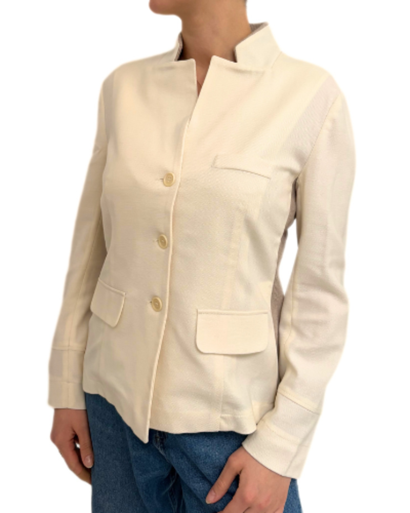 SILK LINEN WOOL JACKET W/ KNIT COLLAR & SIDE PANEL: IVORY