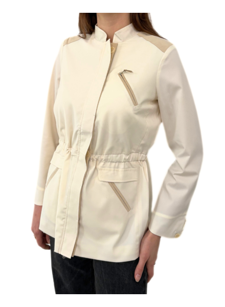 TROPICAL WOOL SAFARI JACKET WITH ULTRASUEDE: IVORY
