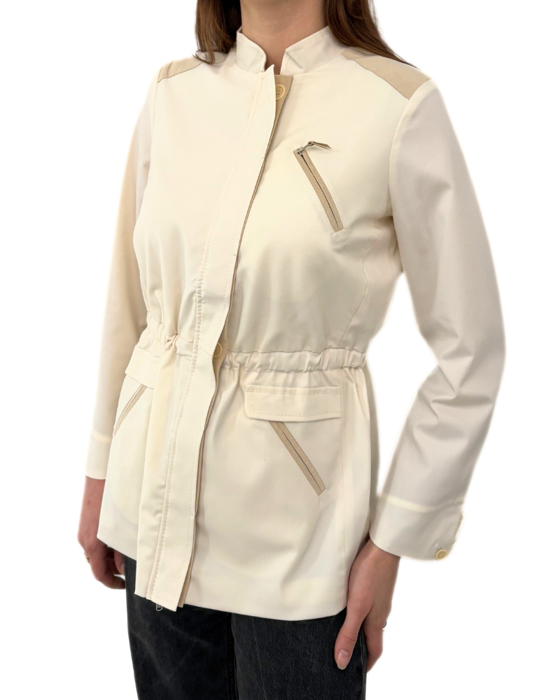 TROPICAL WOOL SAFARI JACKET WITH ULTRASUEDE: IVORY