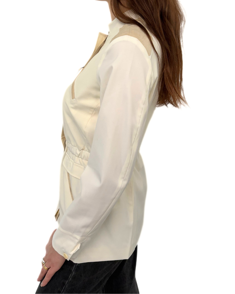 TROPICAL WOOL SAFARI JACKET WITH ULTRASUEDE: IVORY