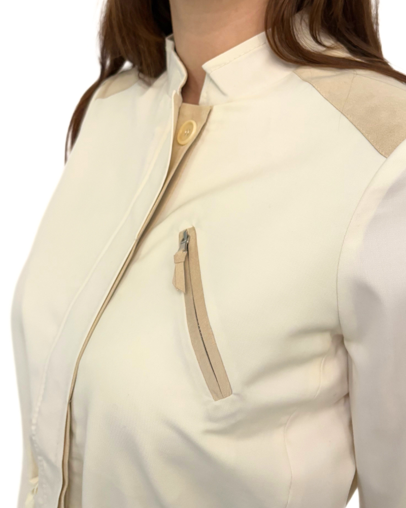 TROPICAL WOOL SAFARI JACKET WITH ULTRASUEDE: IVORY