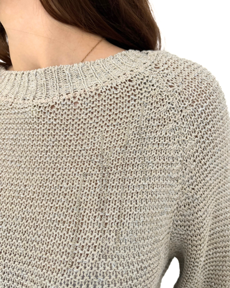 COTTON-LINEN-LUREX CREWNECK W/ CHAIN: BEIGE-SILVER