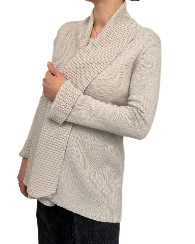 KNIT OPEN CARDIGAN W/ RIBBED SHAWL COLLAR