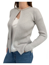 CARDIGAN W/ LUREX TRIM AND HI-LOW HEM: PEARL