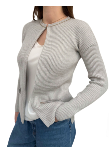 CARDIGAN W/ LUREX TRIM AND HI-LOW HEM: PEARL