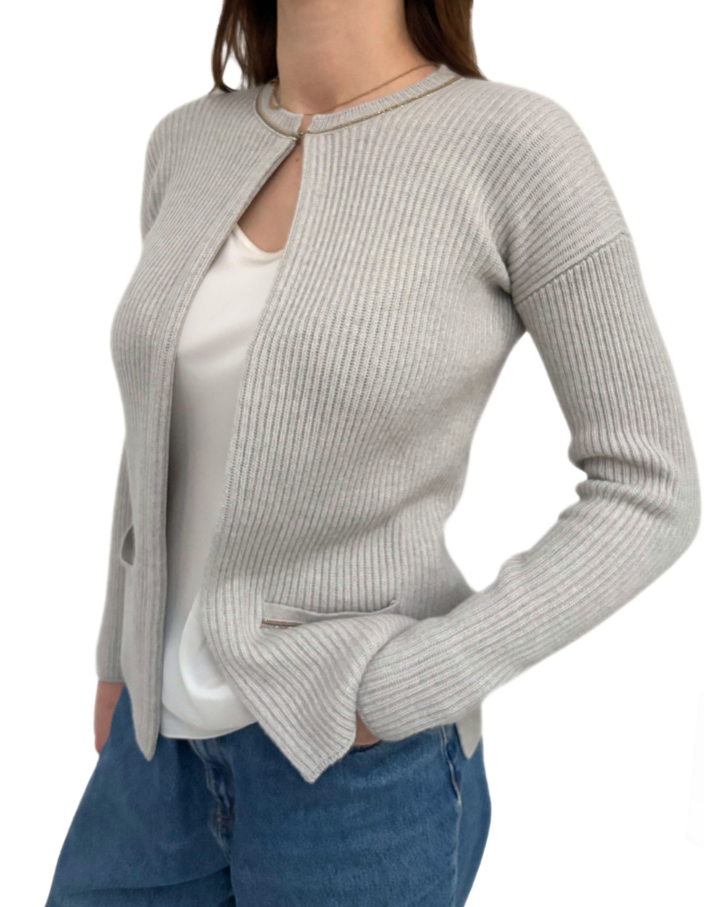 CARDIGAN W/ LUREX TRIM AND HI-LOW HEM: PEARL