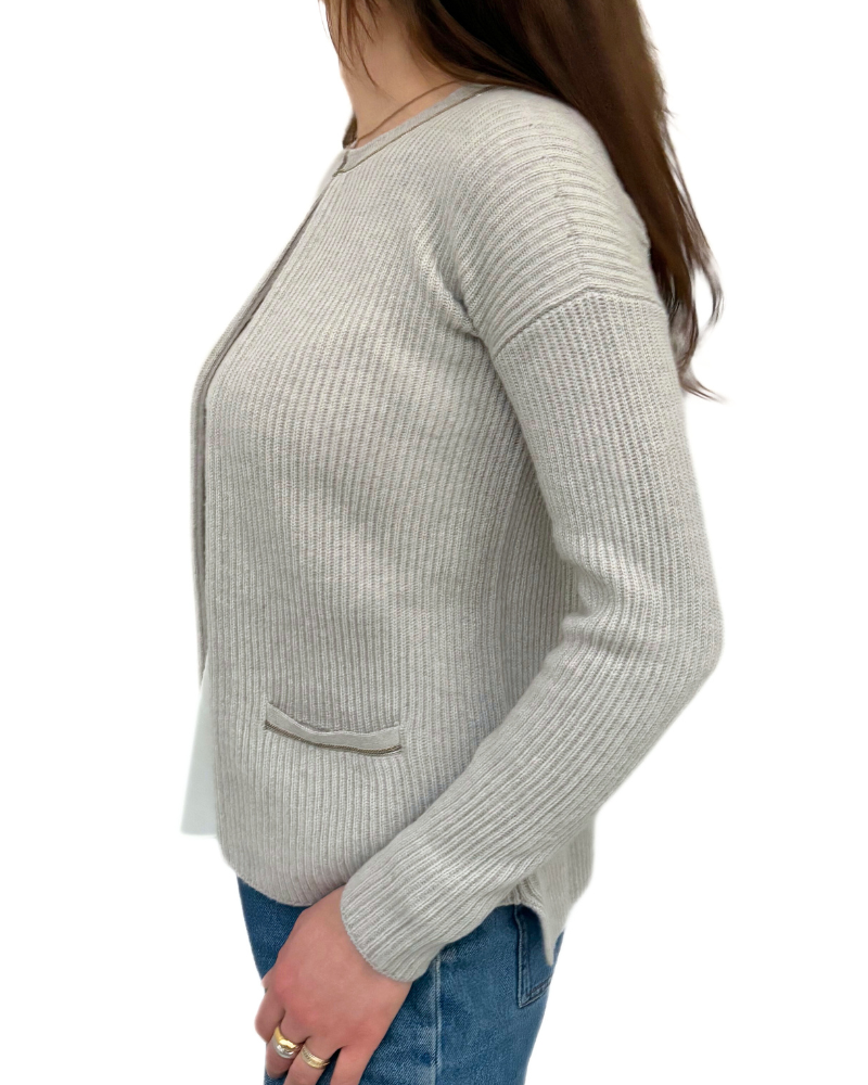 CARDIGAN W/ LUREX TRIM AND HI-LOW HEM: PEARL