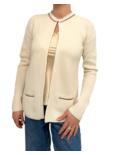 CARDIGAN W/ LUREX TRIM AND HI-LOW HEM: IVORY