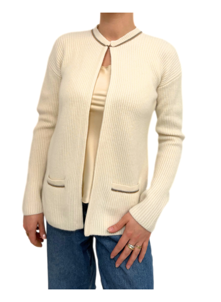 CARDIGAN W/ LUREX TRIM AND HI-LOW HEM: IVORY
