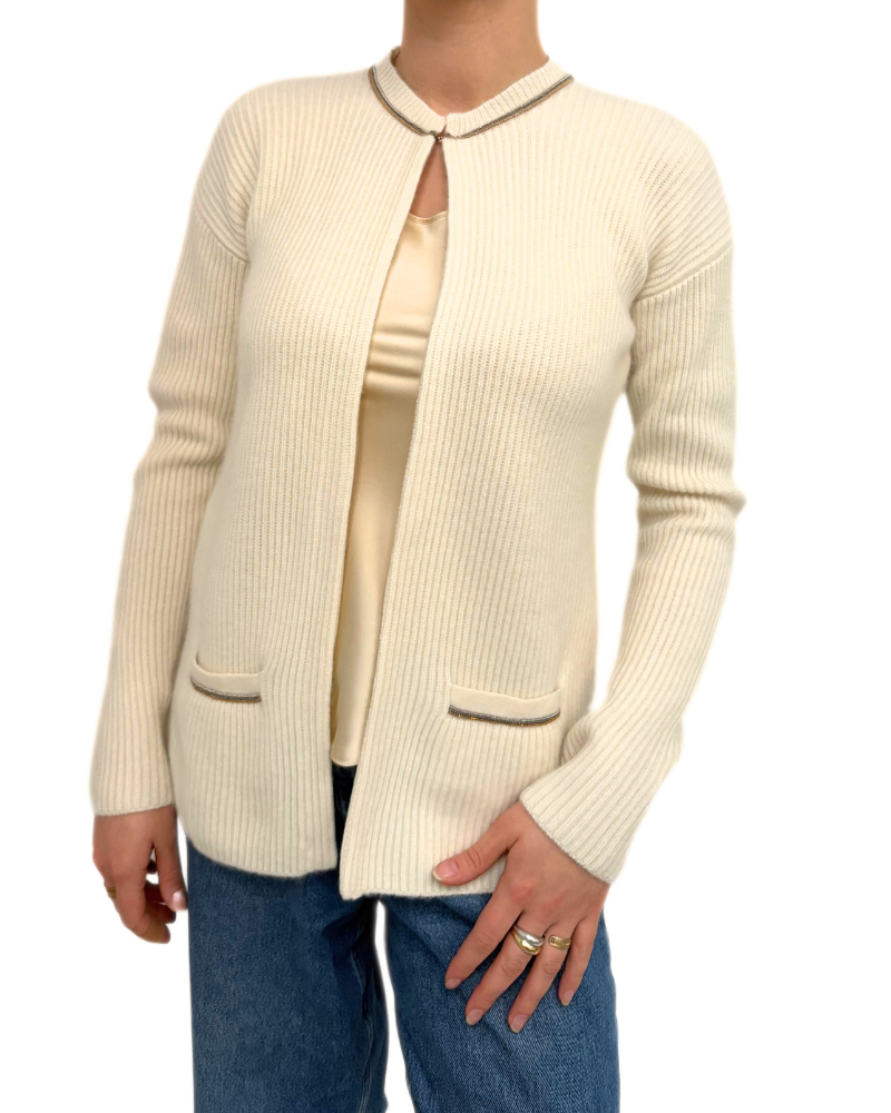 CARDIGAN W/ LUREX TRIM AND HI-LOW HEM: IVORY