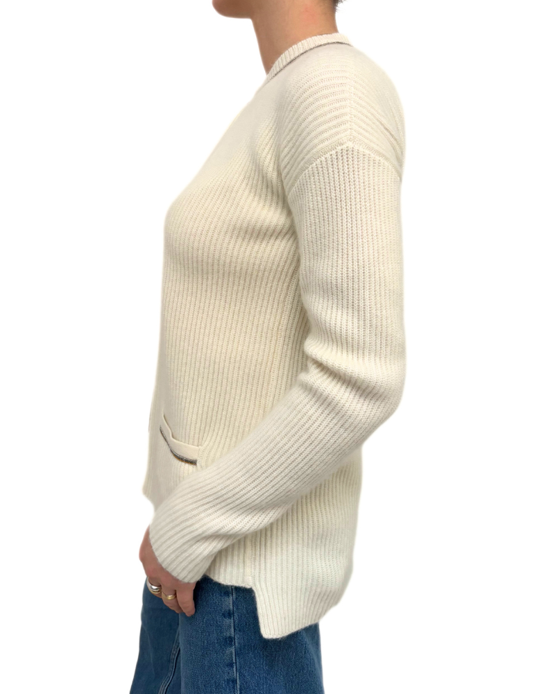 CARDIGAN W/ LUREX TRIM AND HI-LOW HEM: IVORY