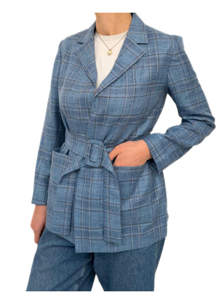 WOOL-SILK-LINEN JACKET: AZURE CHECKS