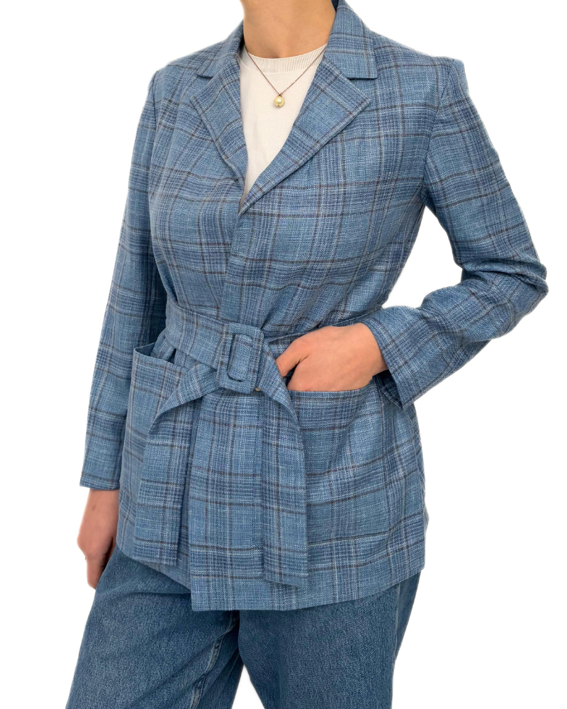 WOOL-SILK-LINEN JACKET: AZURE CHECKS