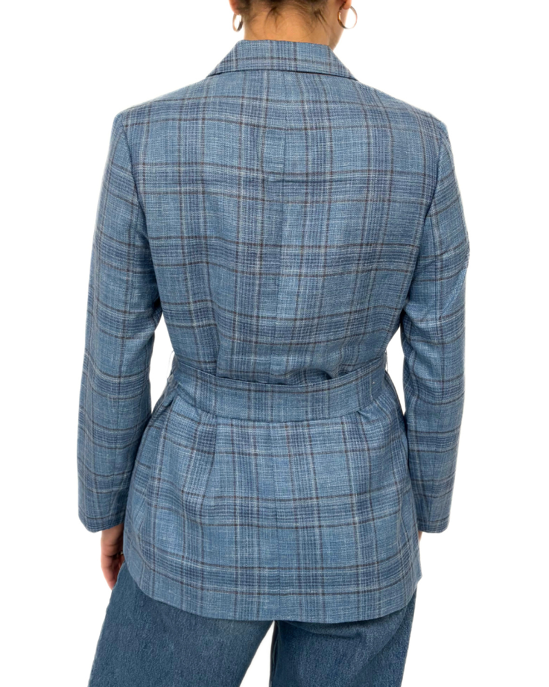 WOOL-SILK-LINEN JACKET: AZURE CHECKS