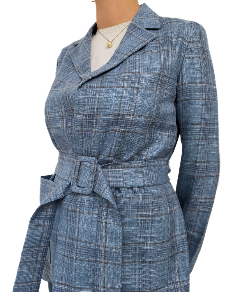WOOL-SILK-LINEN JACKET: AZURE CHECKS