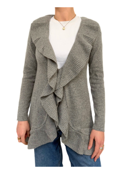 CASHMERE RUFFLED HEM OPEN CARDIGAN, GRAY
