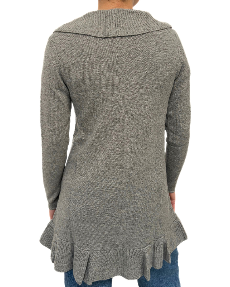 CASHMERE RUFFLED HEM OPEN CARDIGAN, GRAY - RANI ARABELLA CASHMERE RUFFLED HEM OPEN CARDIGAN, GRAY - RANI ARABELLA